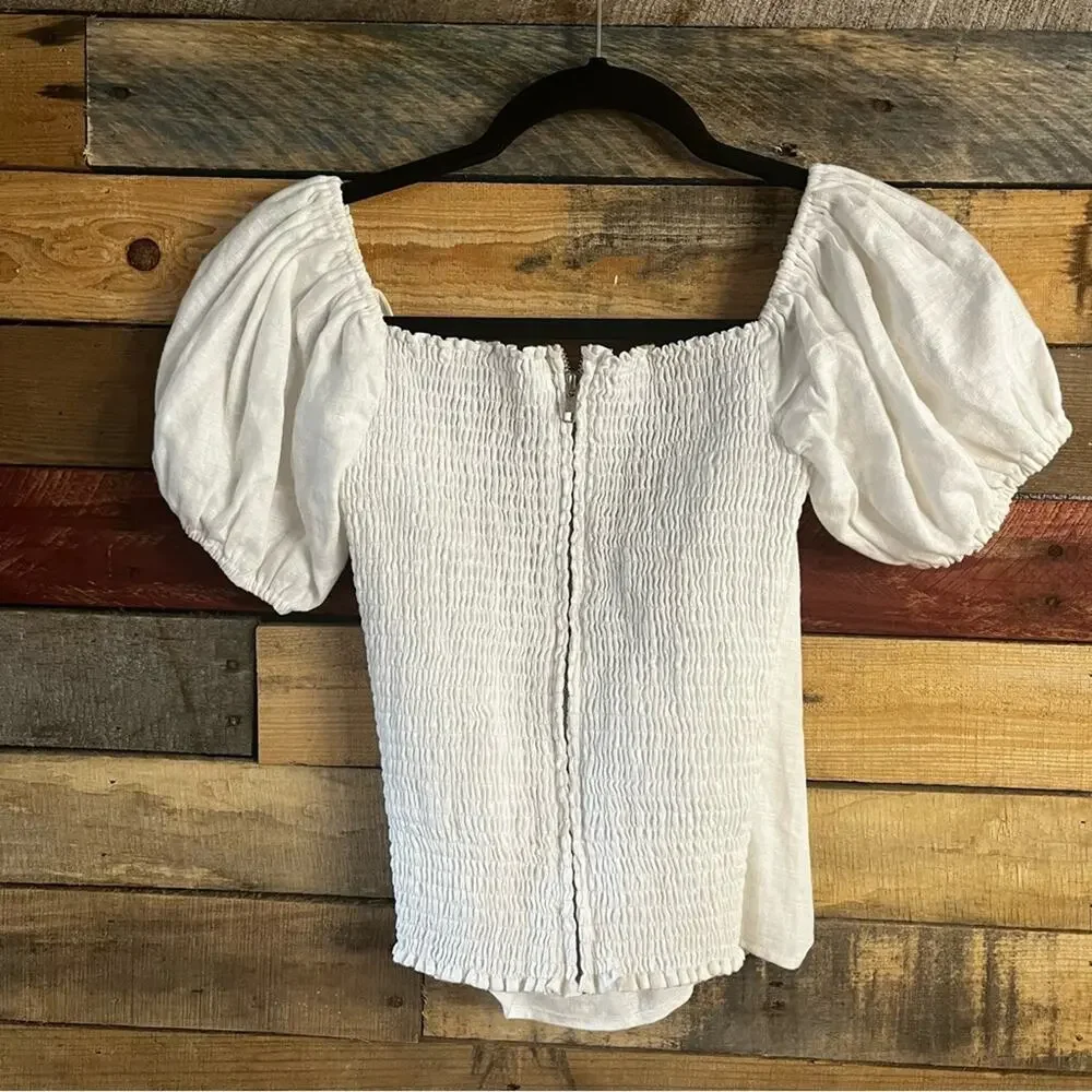 Reformation White Puff Sleeve Smocked Back Top